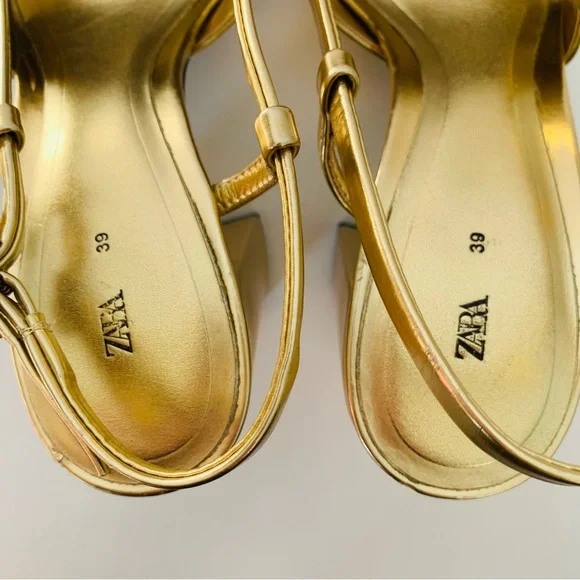 ZARA Embellished Block Heel Slingback Shoes Gold - Picture 15 of 15